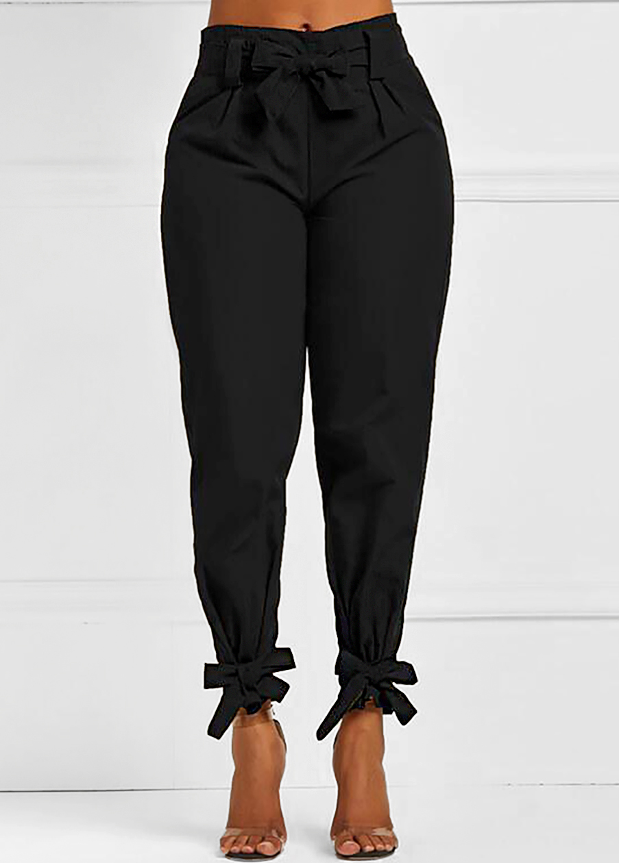 Black Belted Elastic Mid Waisted Pants