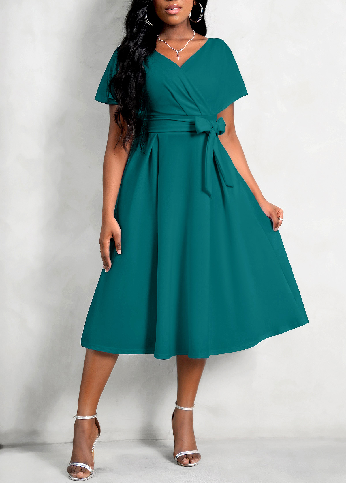 Turquoise Belted Short Sleeve V Neck Dress