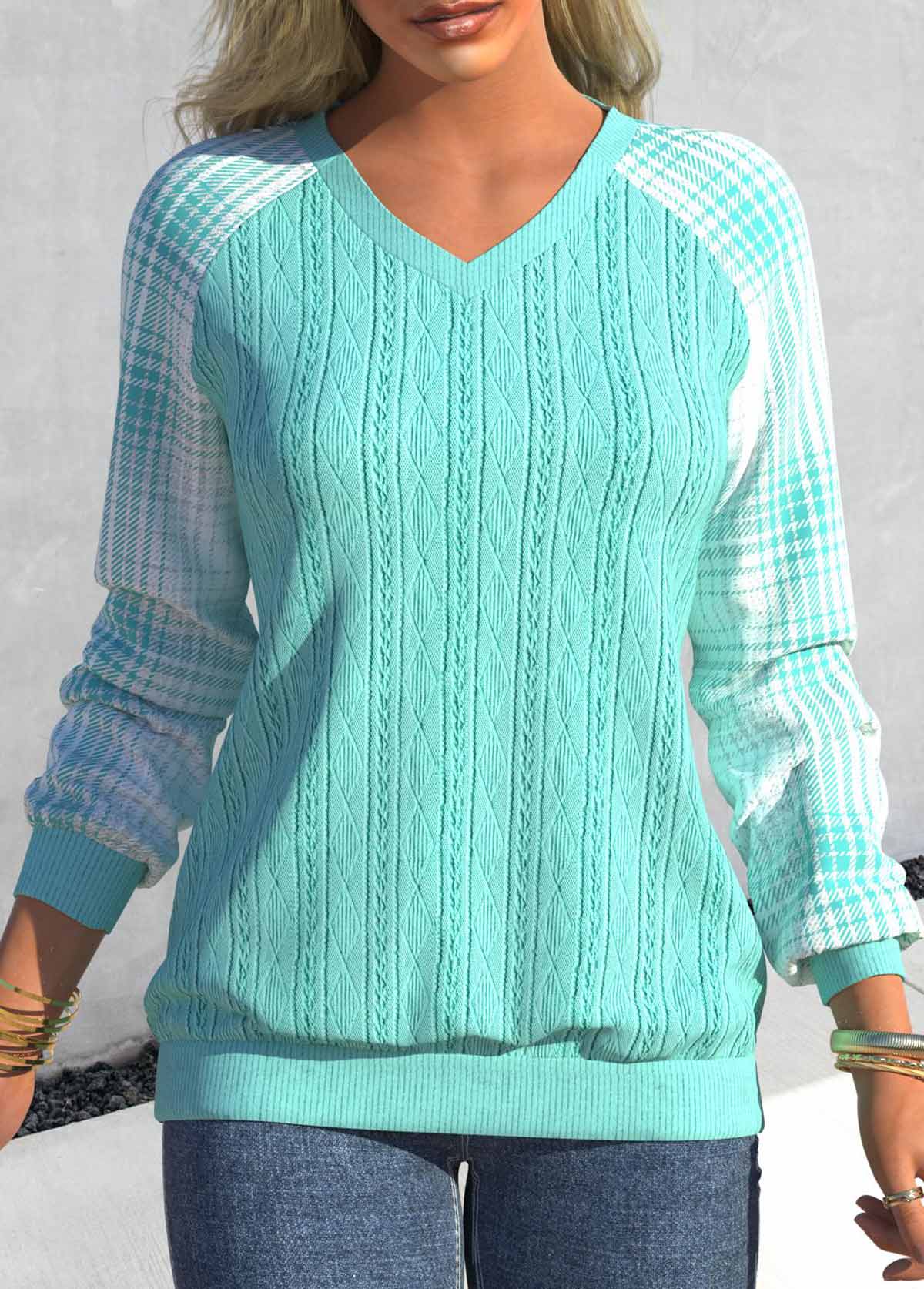 Cyan Tartan Print Long Sleeve V Neck Sweatshirt