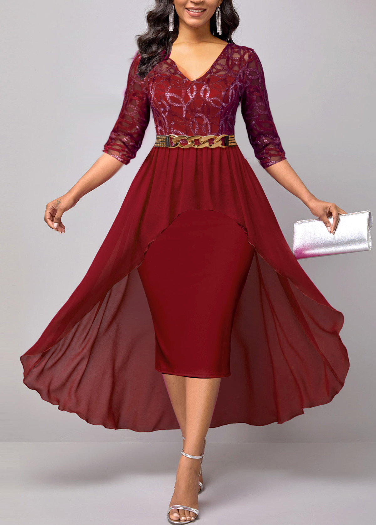 Wine Red Lace Patchwork 3/4 Sleeve Dress