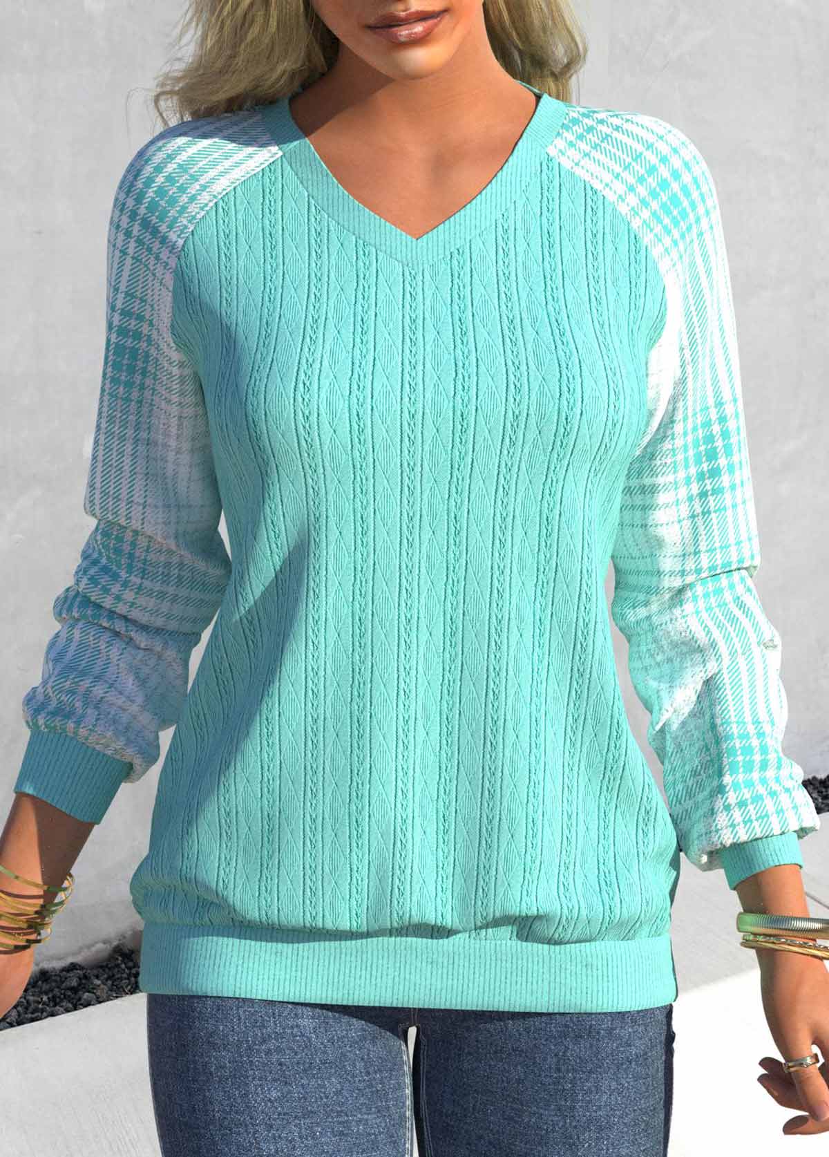 Cyan Plus Size Tartan Print Long Sleeve Sweatshirt