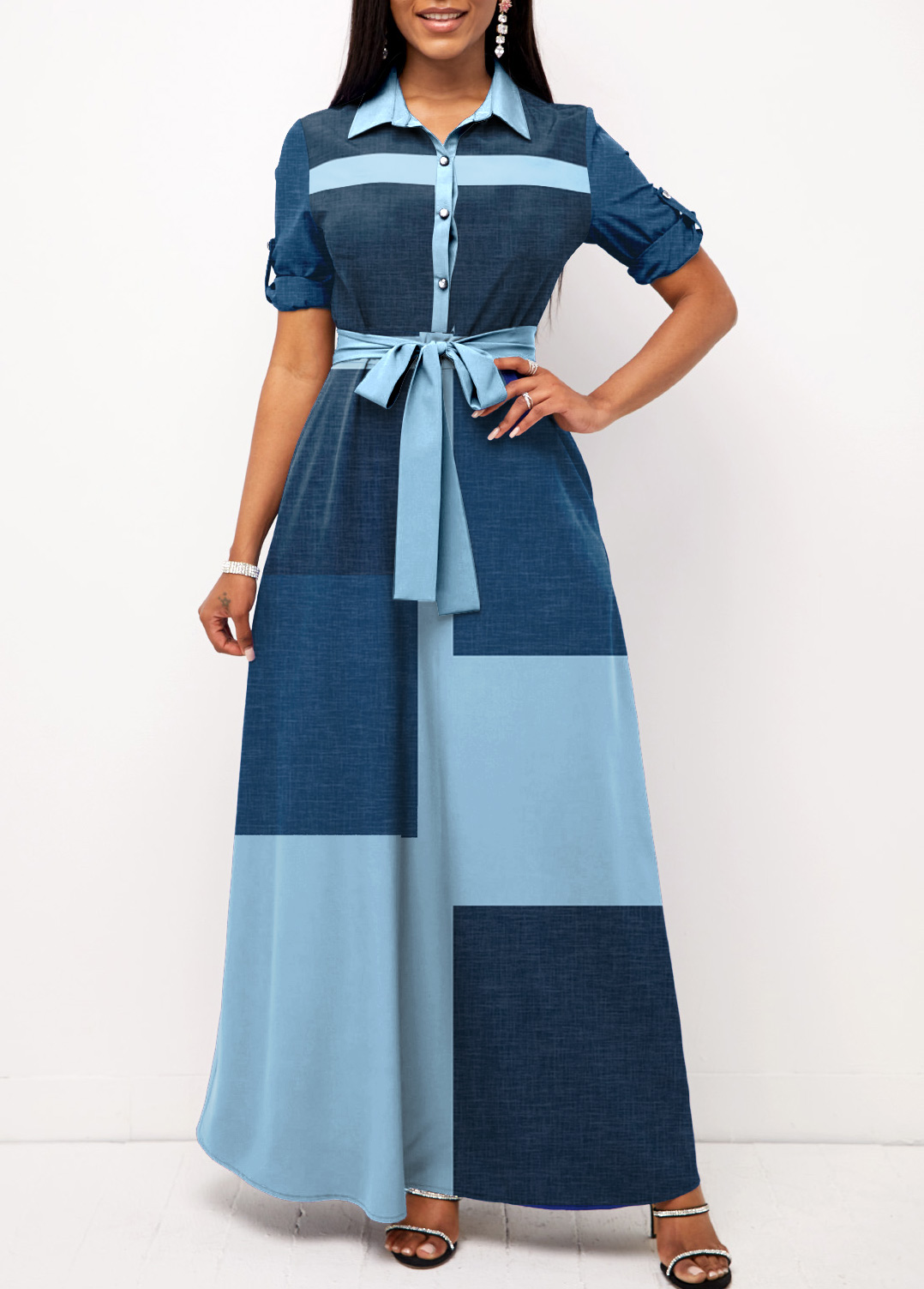 Blue Contrast Geometric Print Belted Maxi Dress