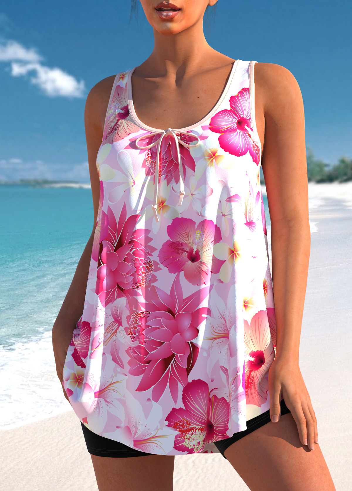 Plus Size Pink Floral Print Tankini Top USD 42.98