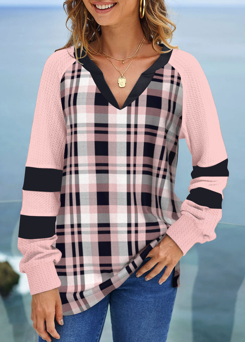 Pink Plus Size Tartan Print Long Sleeve Sweatshirt