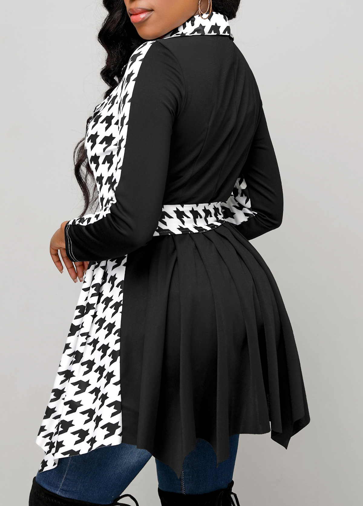 Black Button Houndstooth Print Belted Long Sleeve Coat