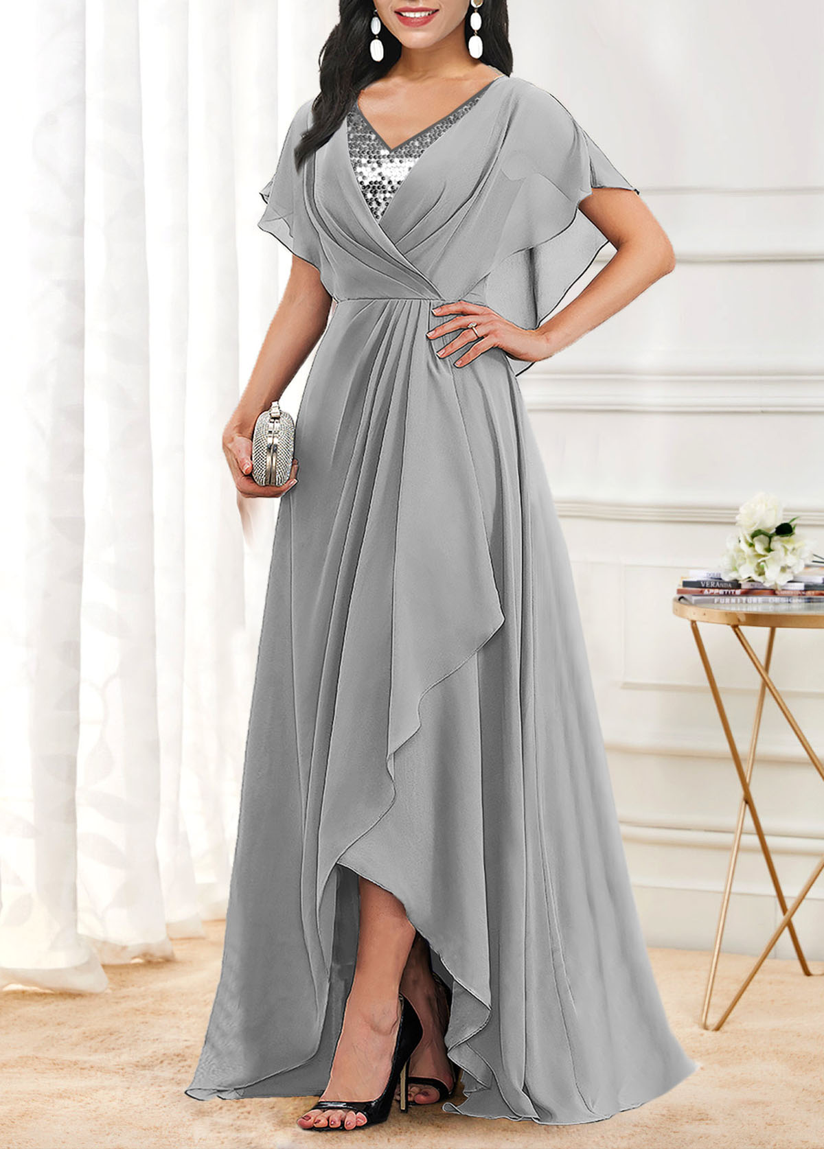 Grey Sequin X Shape Short Sleeve Maxi Dress