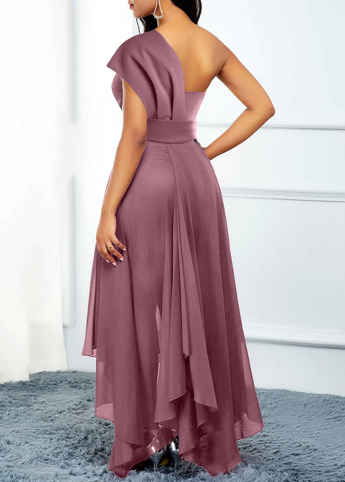 Dusty Pink Asymmetric Hem High Low Belted Dress