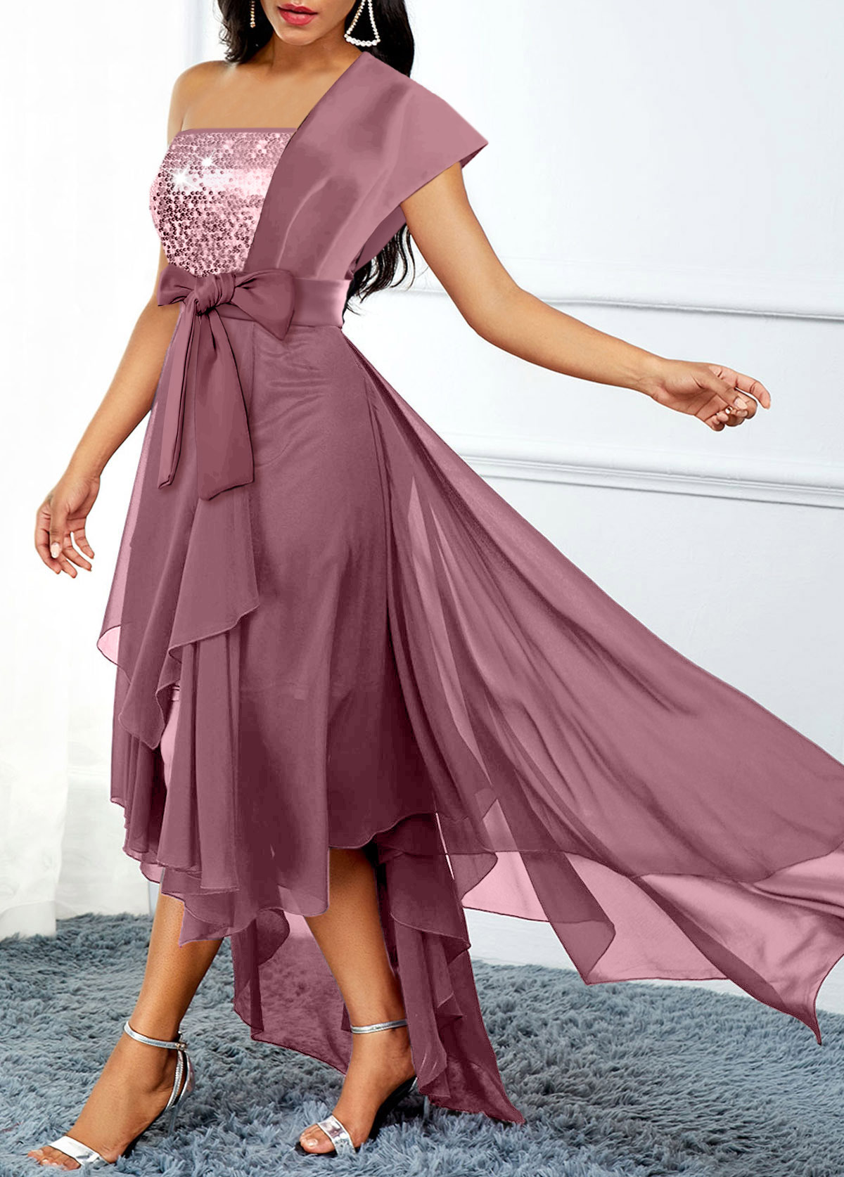 Dusty Pink Asymmetric Hem High Low Belted Dress