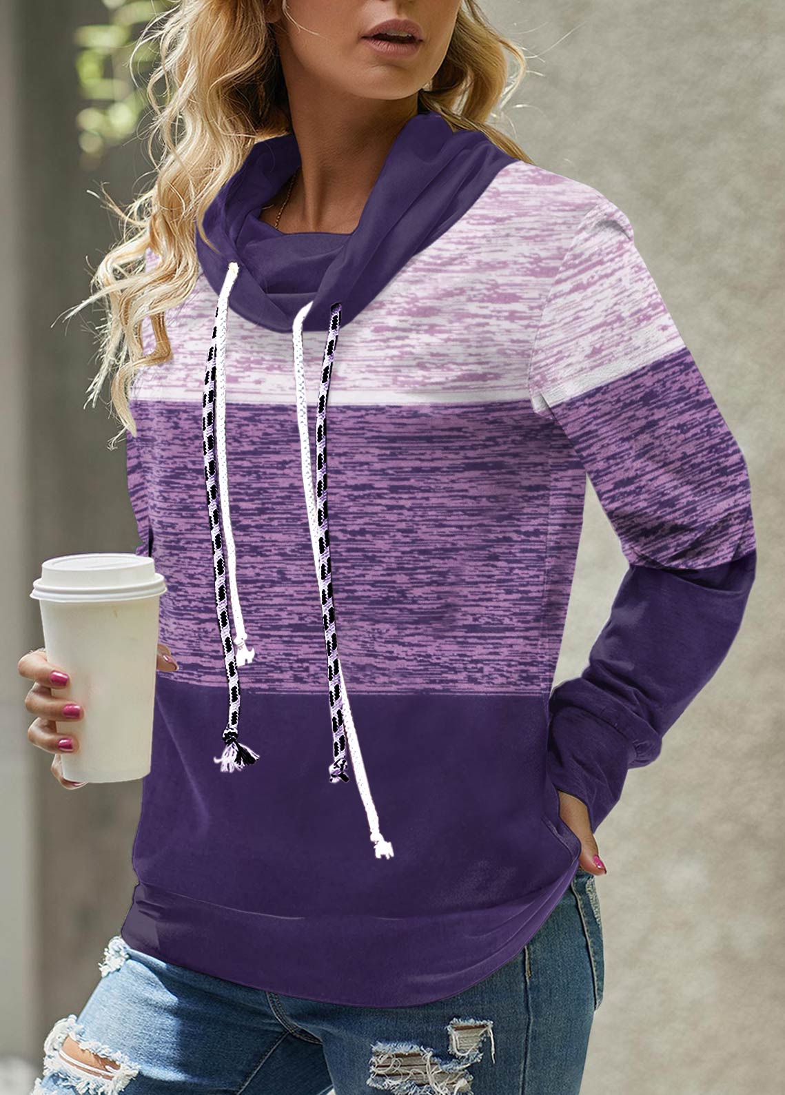 Purple Long Sleeve Cowl Neck Sweatshirt
