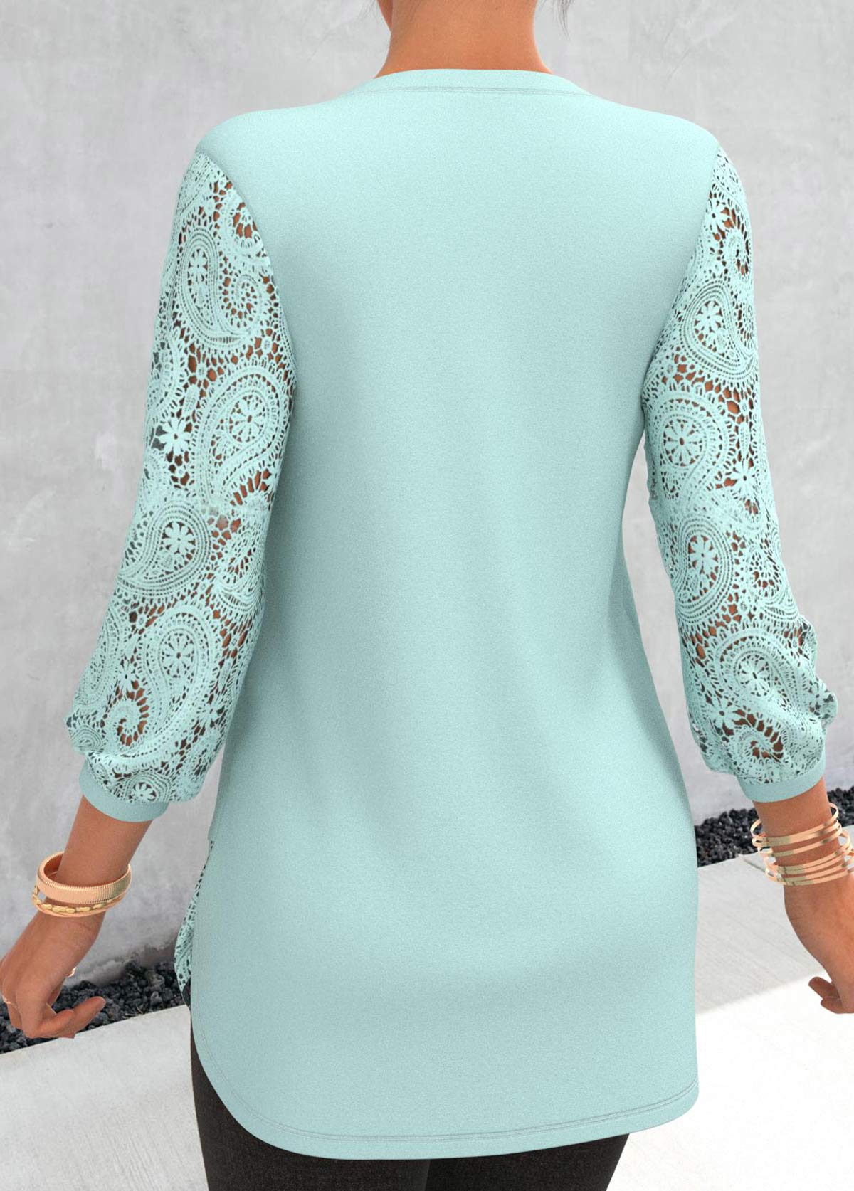 Cyan Lace Patchwork Three Quarter Length Sleeve Blouse