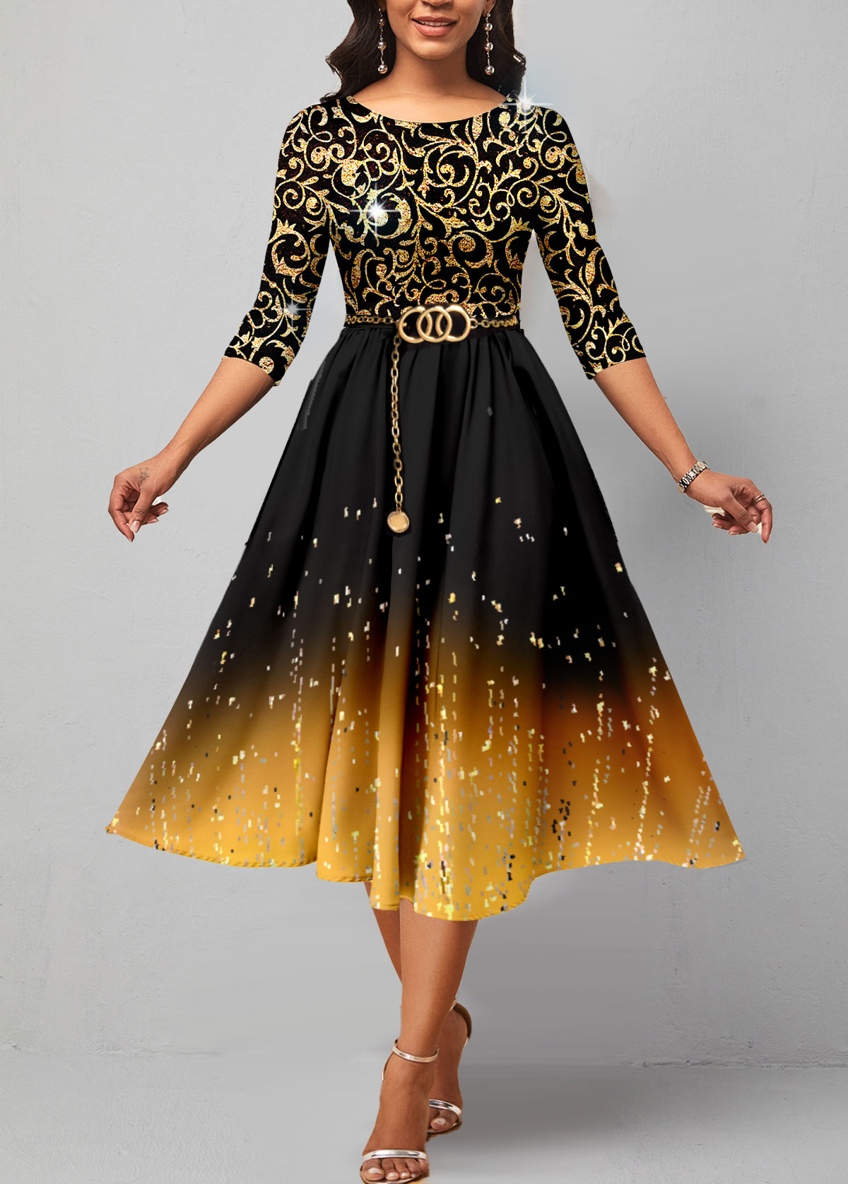 Golden Hot Stamping Ombre 3/4 Sleeve Dress