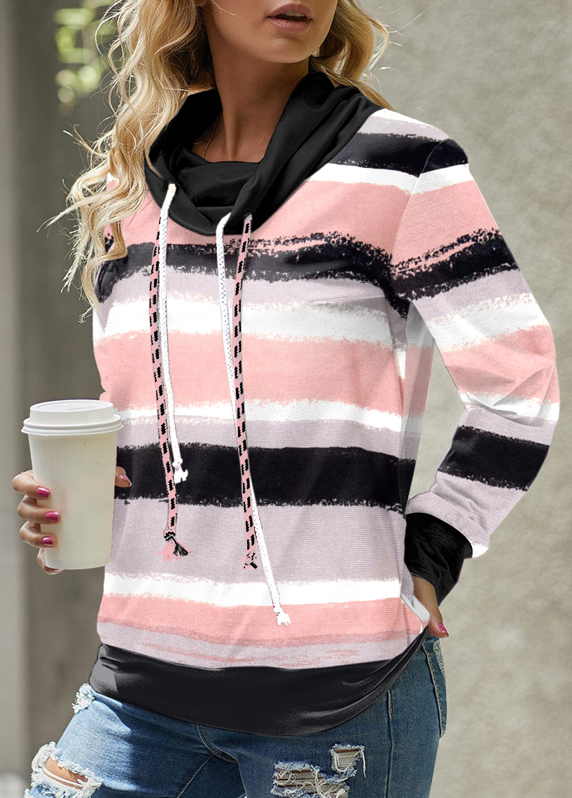 Pink Striped Long Sleeve Cowl Neck Sweatshirt