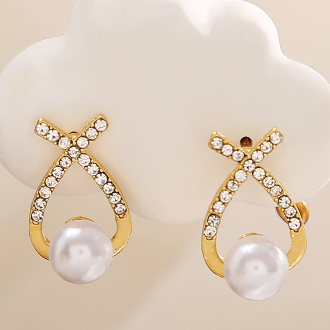 Gold Cross Pearl Design Rhinestone Earrings