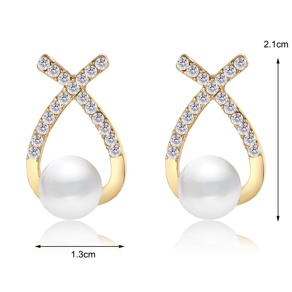 Gold Cross Pearl Design Rhinestone Earrings
