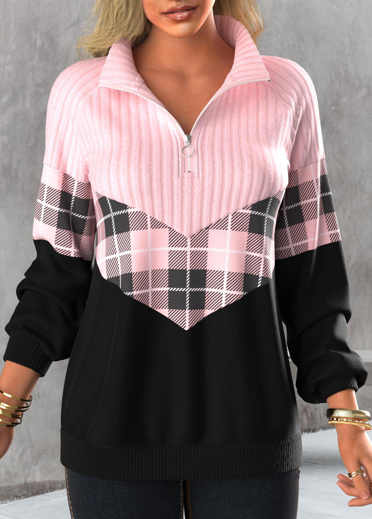 Light Pink Zipper Tartan Print Long Sleeve Sweatshirt