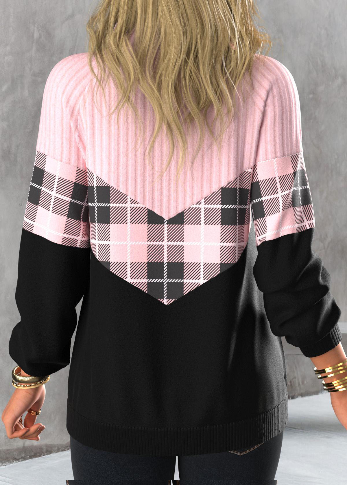 Light Pink Zipper Tartan Print Long Sleeve Sweatshirt