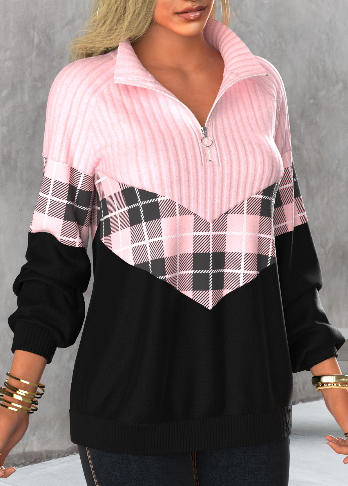 Light Pink Plus Size Tartan Print Sweatshirt