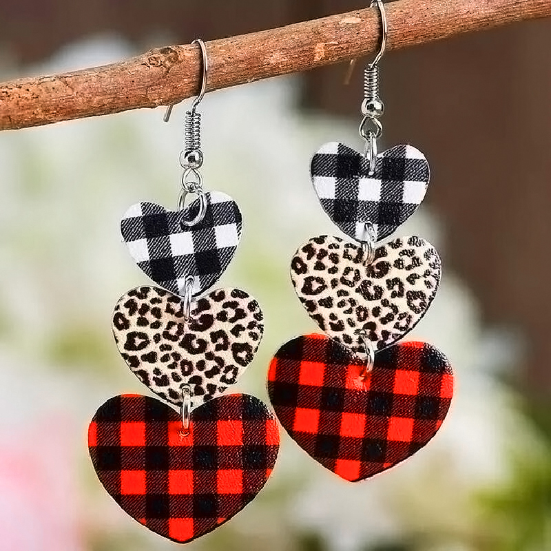 Multi Color Heart Plaid Leopard Earrings