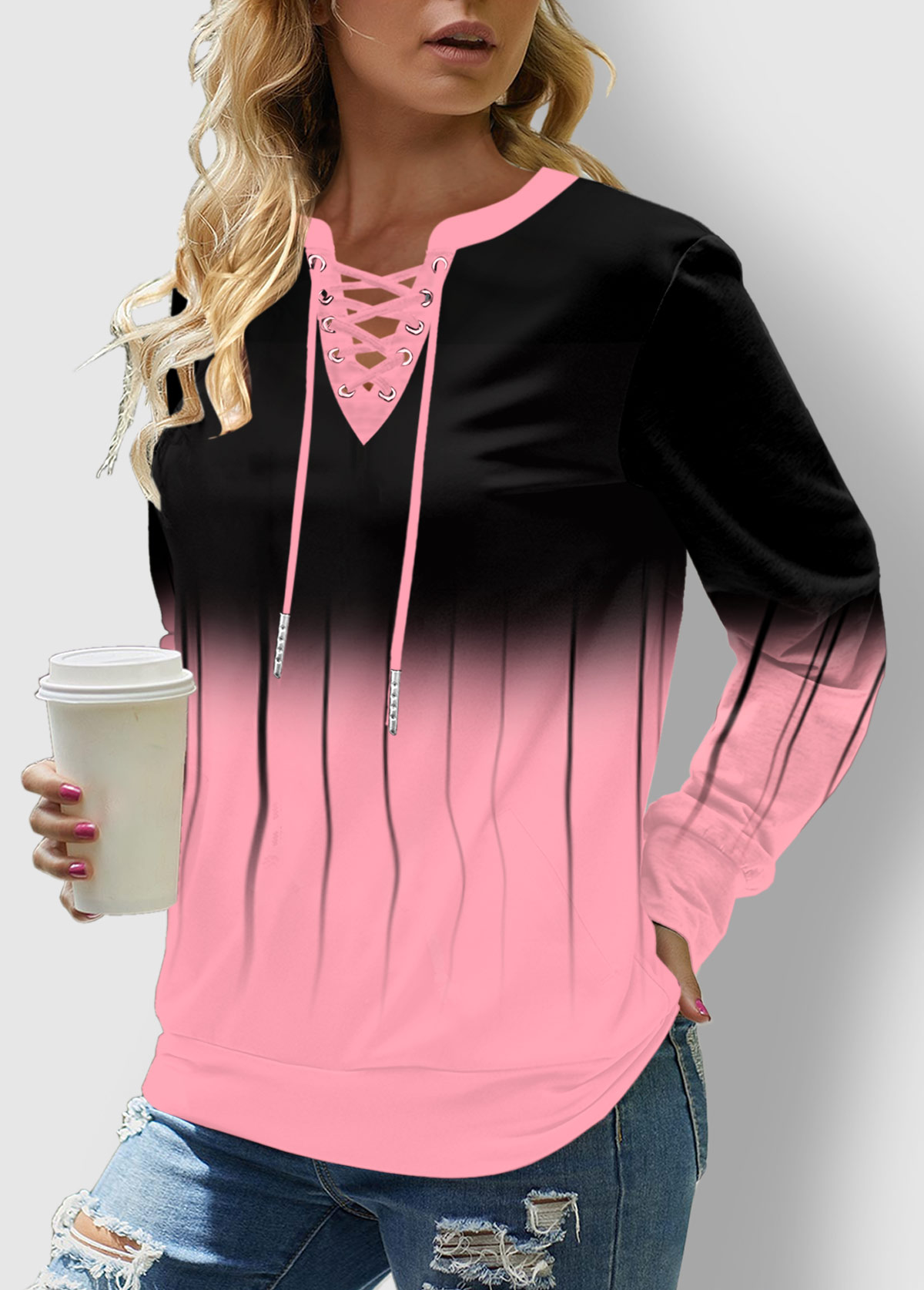 Pink Ombre Long Sleeve Lace Up Sweatshirt