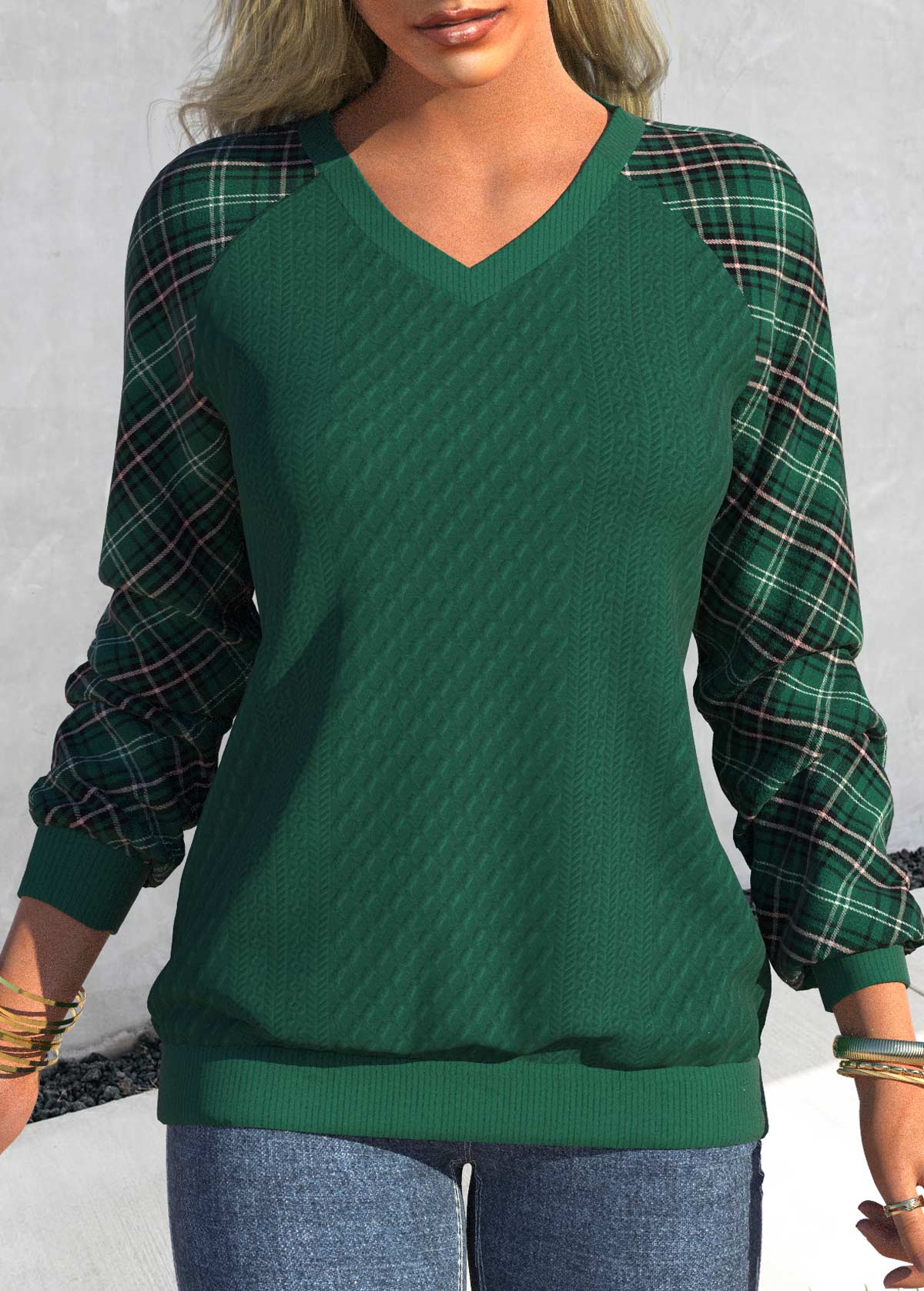 Blackish Green Tartan Print Long Sleeve Sweatshirt