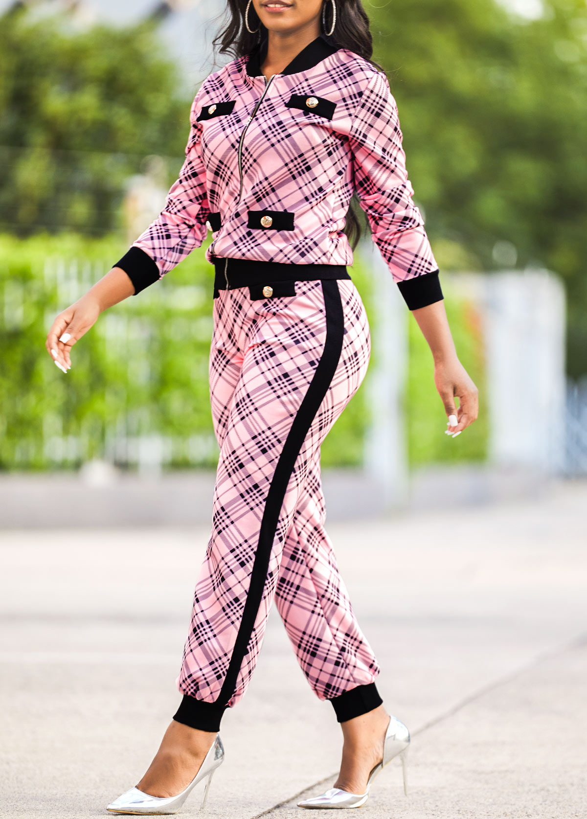 Pink Plaid Long Sleeve Sweatsuit Set