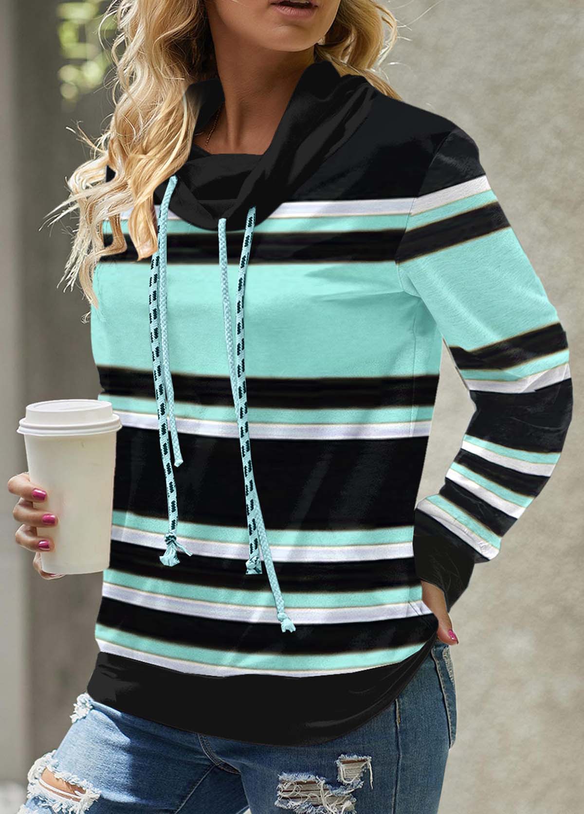 Cyan Striped Long Sleeve Cowl Neck Sweatshirt