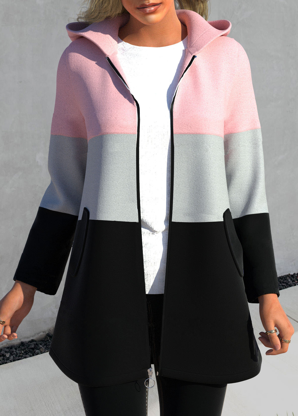 Pink Zipper Contrast Color Long Sleeve Hooded Jacket