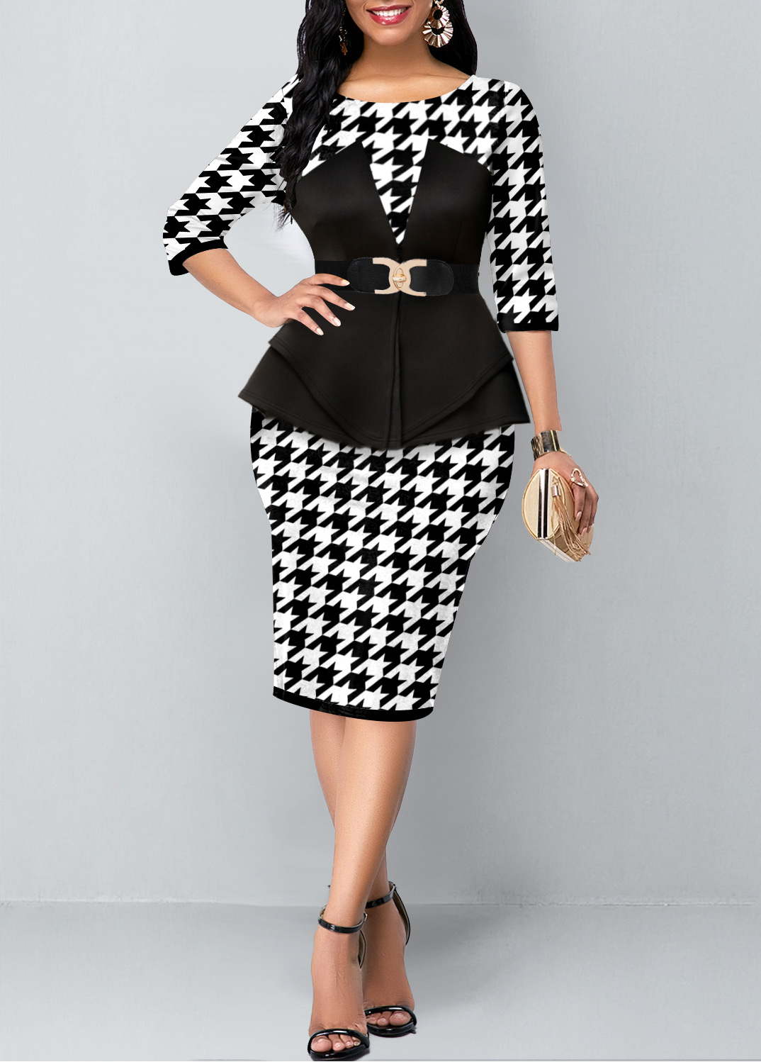 Black Faux Two Piece Houndstooth Print Dress