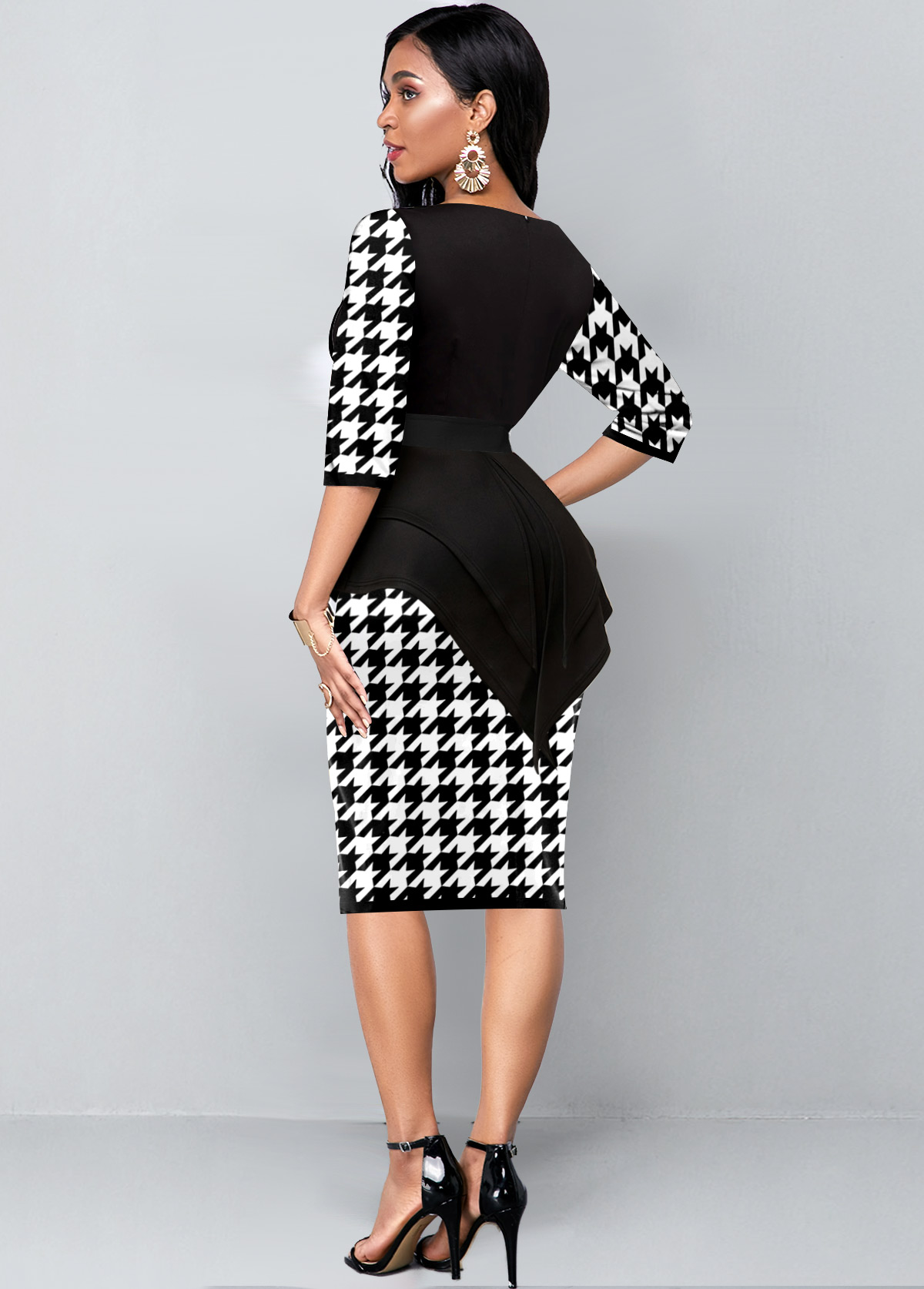 Black Faux Two Piece Houndstooth Print Dress