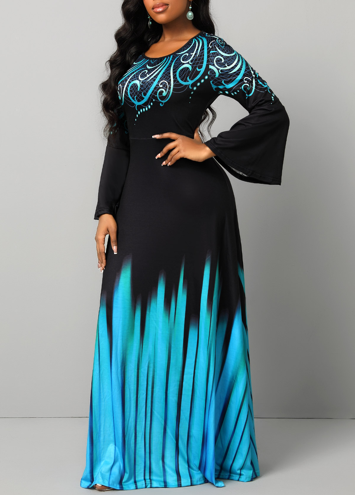 Blue Breathable Tribal Print Long Sleeve Maxi Dress