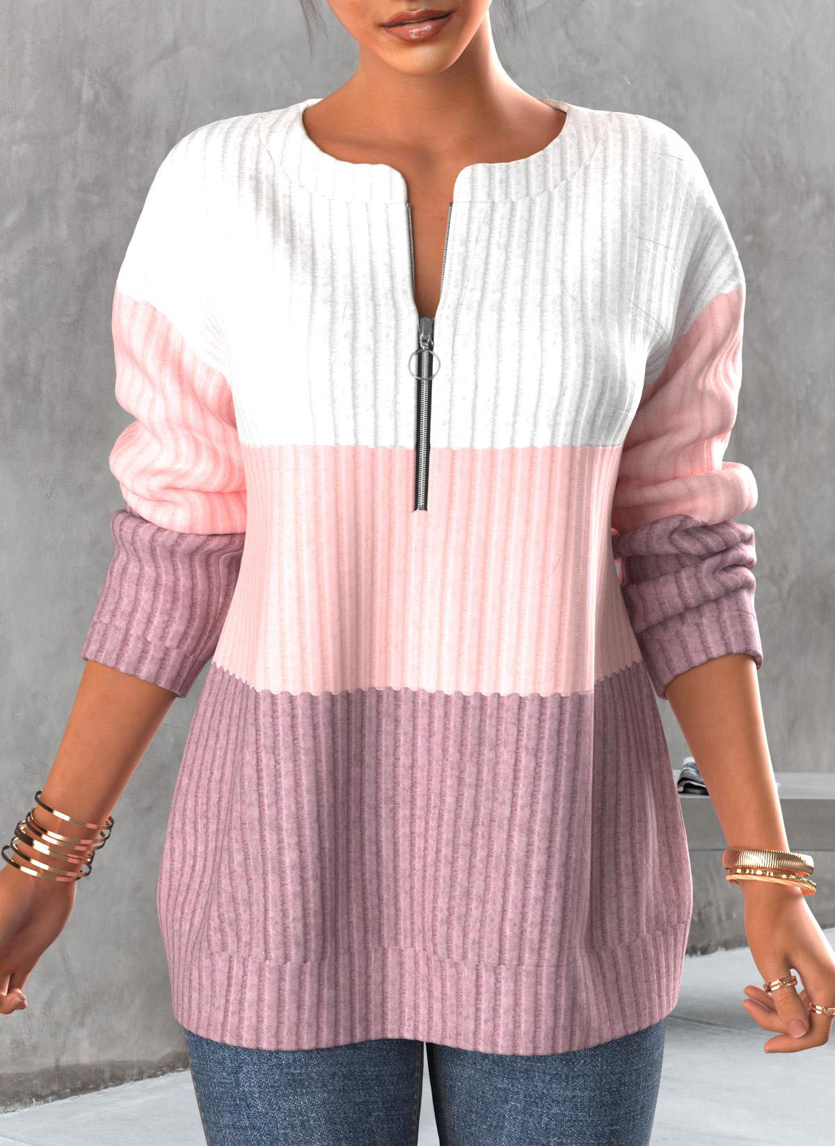 Plus Size Light Pink Zipper Contrast Long Sleeve Sweatshirt
