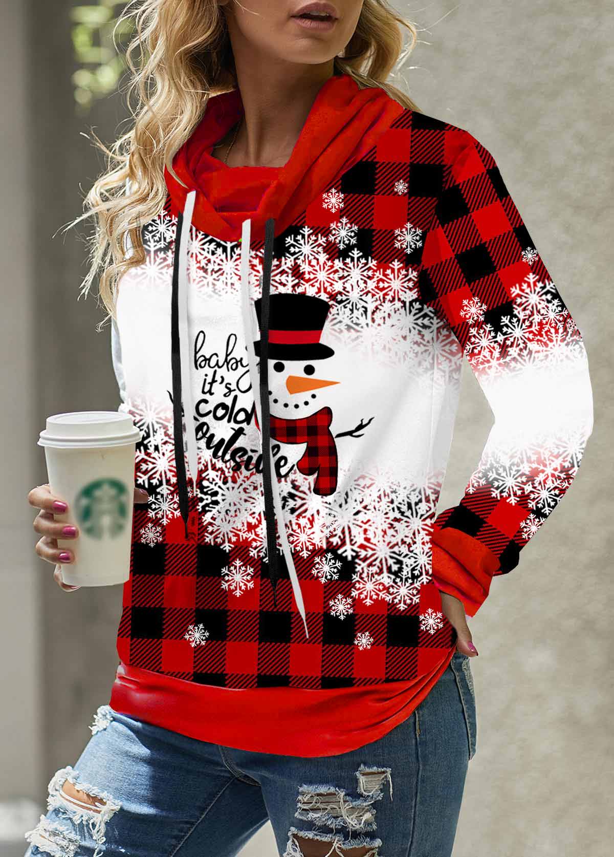 Drawstring Christmas Snowman Print Red Sweatshirt