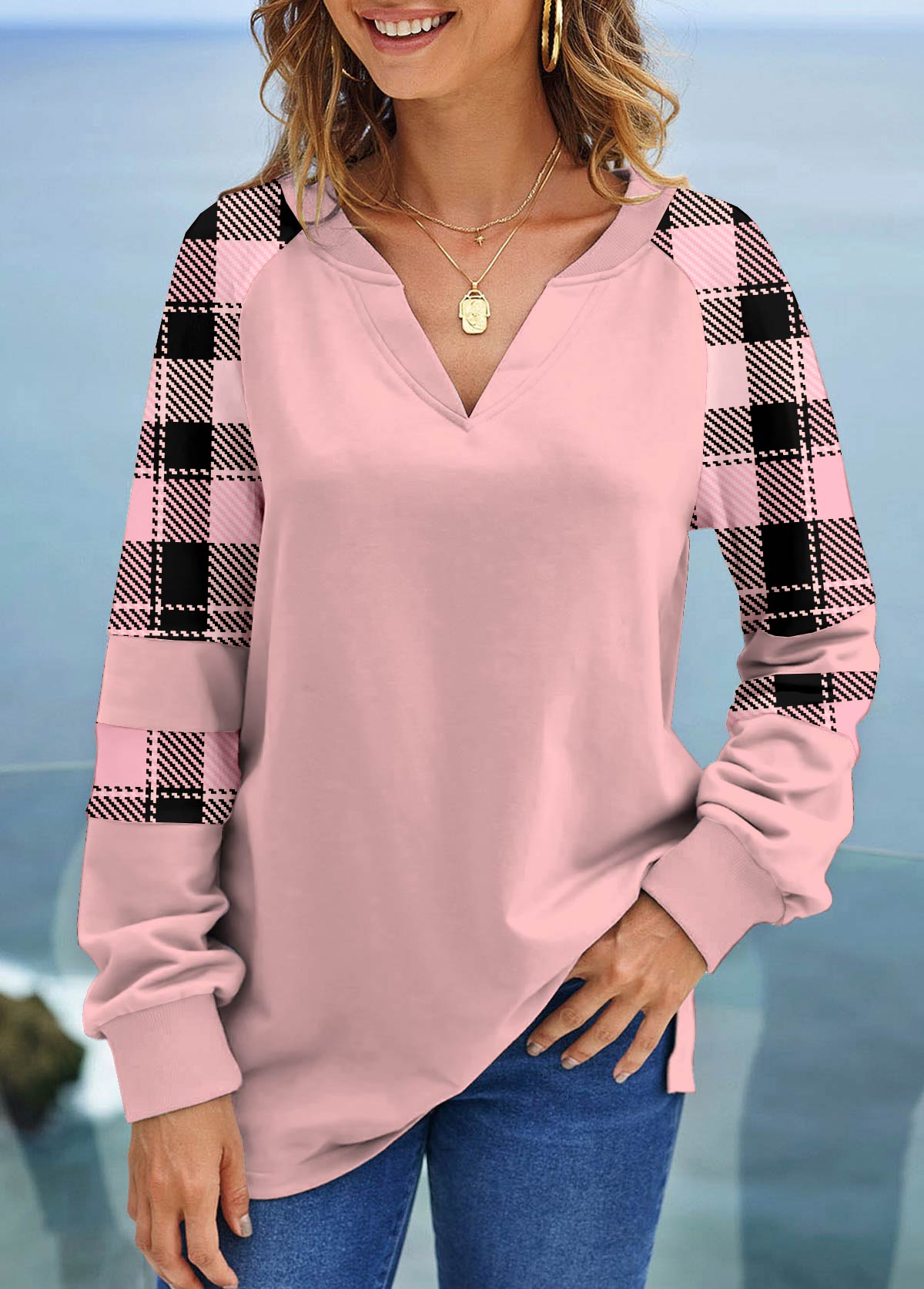 Light Pink Tartan Print Long Sleeve Sweatshirt