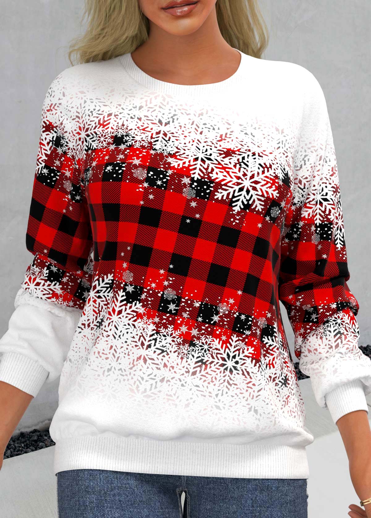 Plus Size Red Snowflake Print Long Sleeve Round Neck Sweatshirt