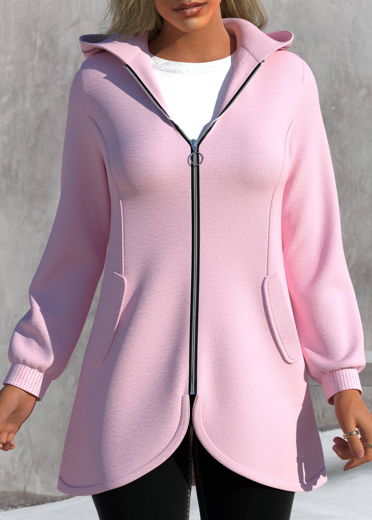 Pink Zipper Long Sleeve Asymmetric Hem Jacket