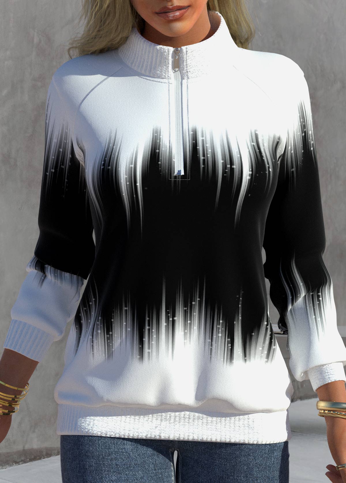 Black Zipper Ombre Long Sleeve High Neck Sweatshirt