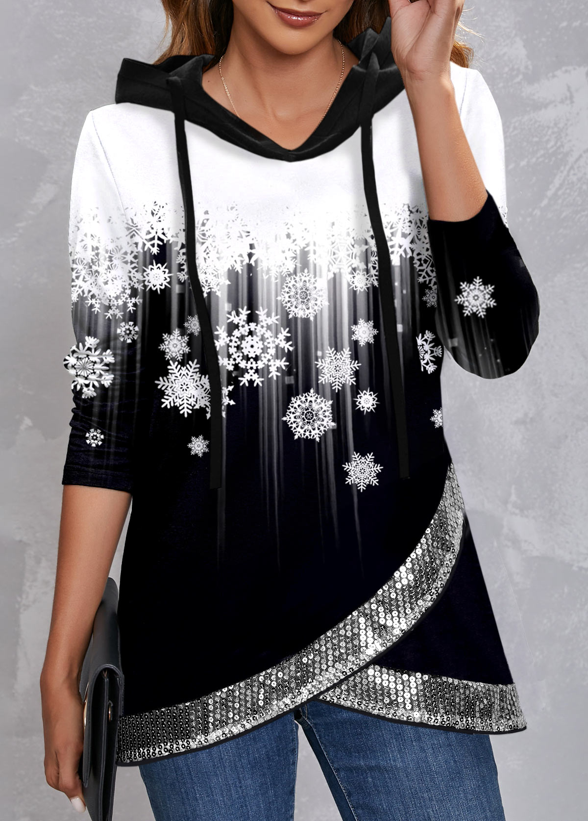 Christmas Snowflake Print Cross Hem Sequin Black Hoodie
