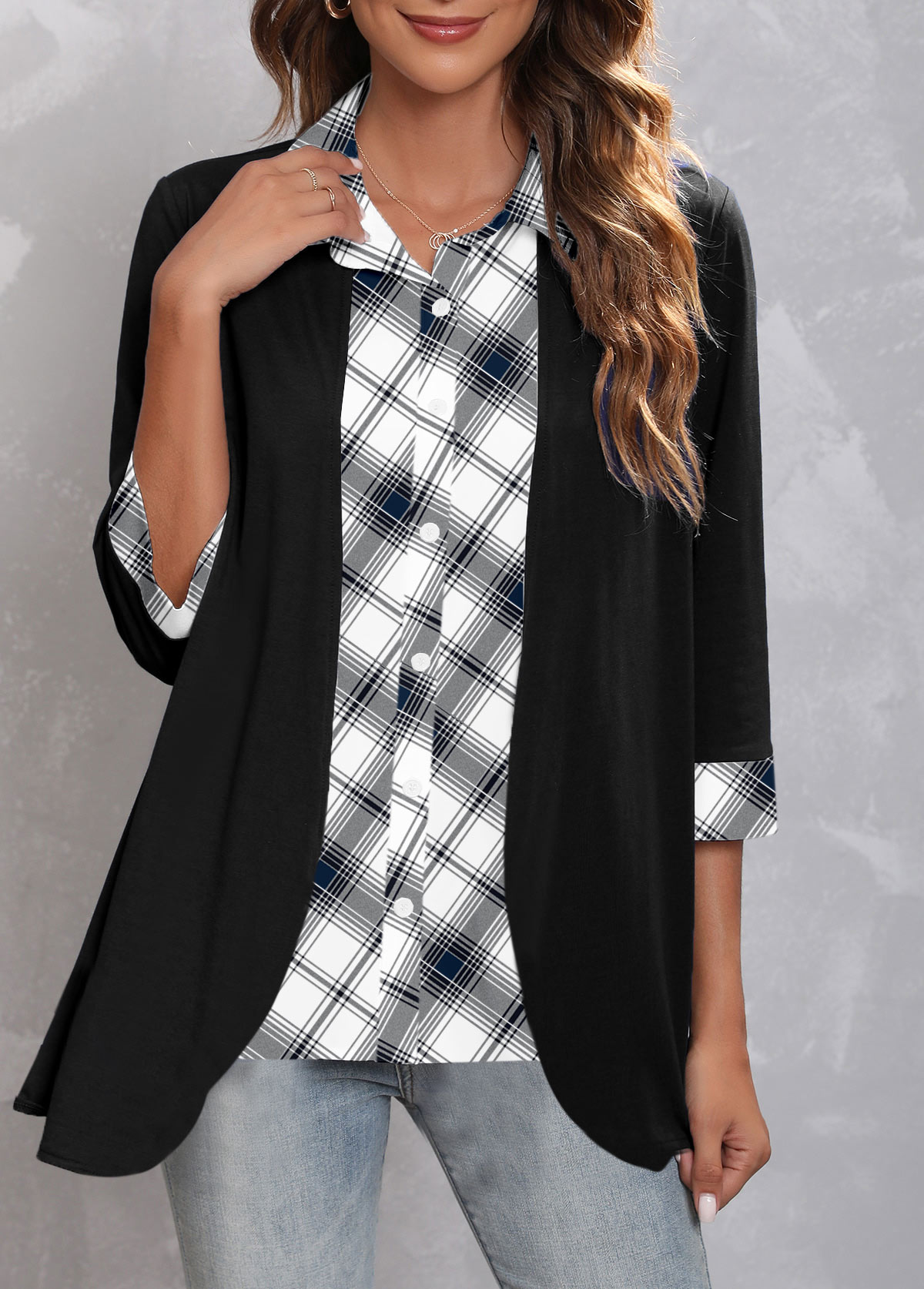 Plus Size Black Striped 3/4 Sleeve Turndown Collar Blouse