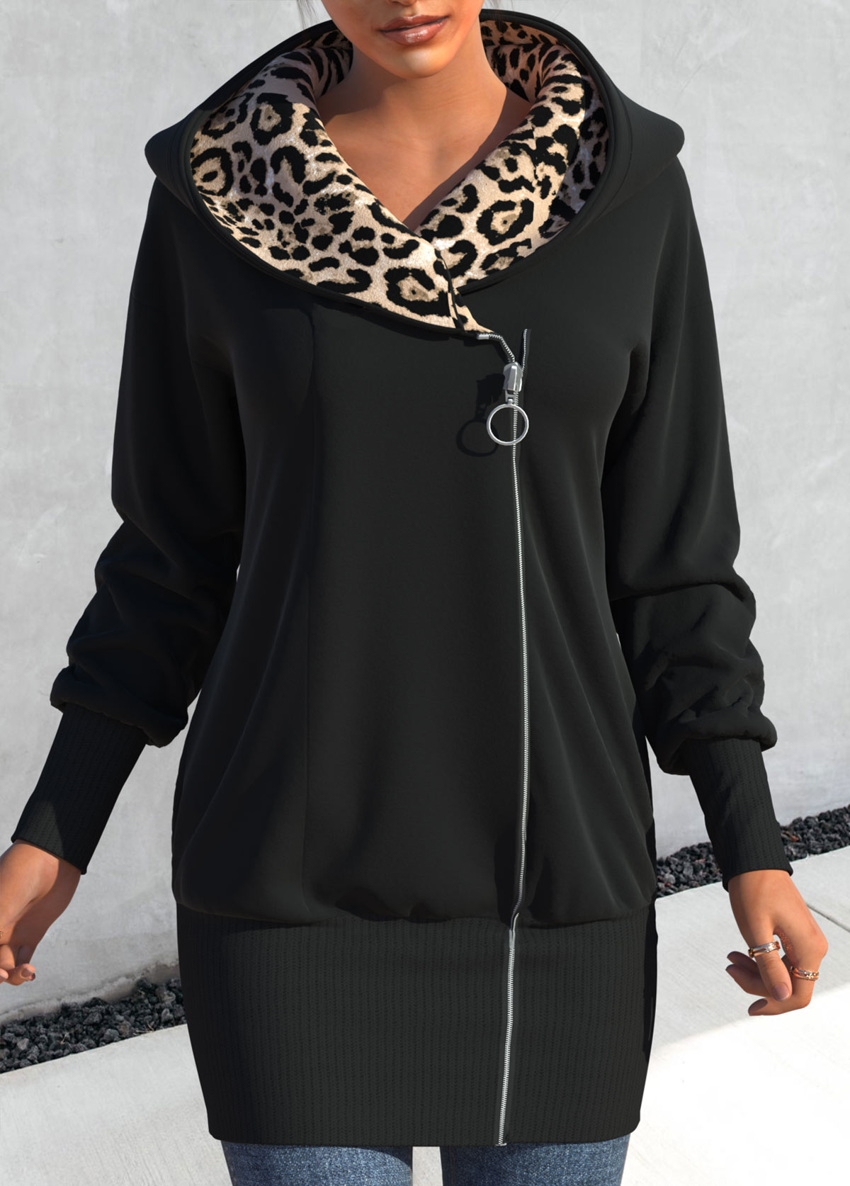 Black Zipper Leopard Long Sleeve Hooded Coat