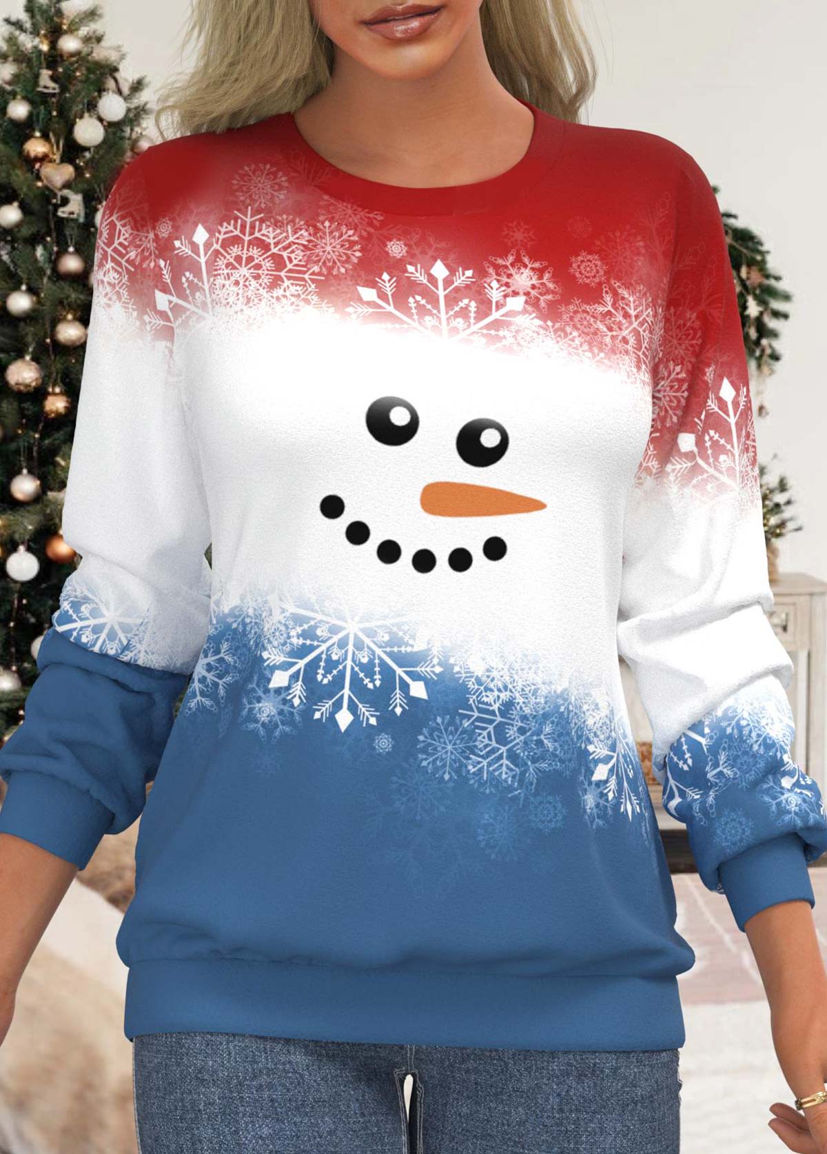 Christmas Red Snowman Print Long Sleeve Sweatshirt