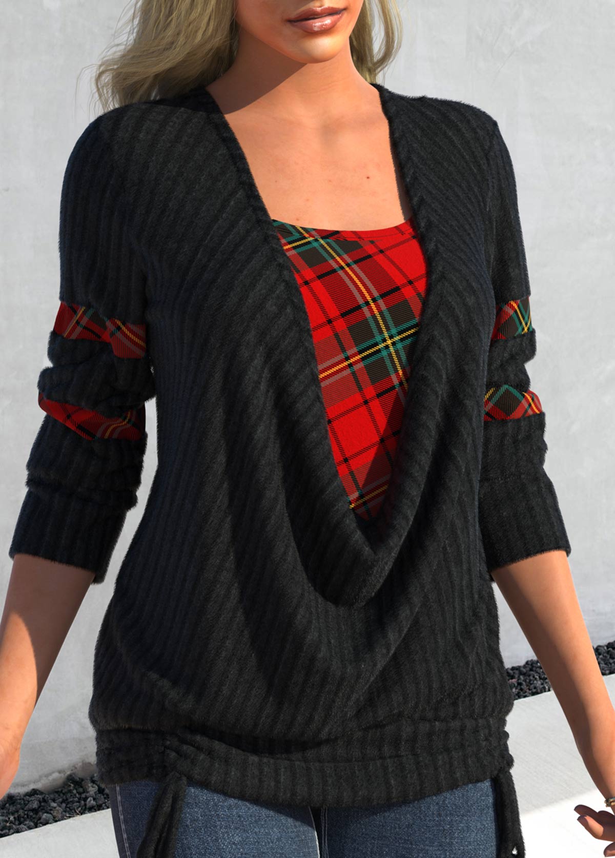 Plus Size Black Faux Two Piece Tie Side Plaid Sweatshirt