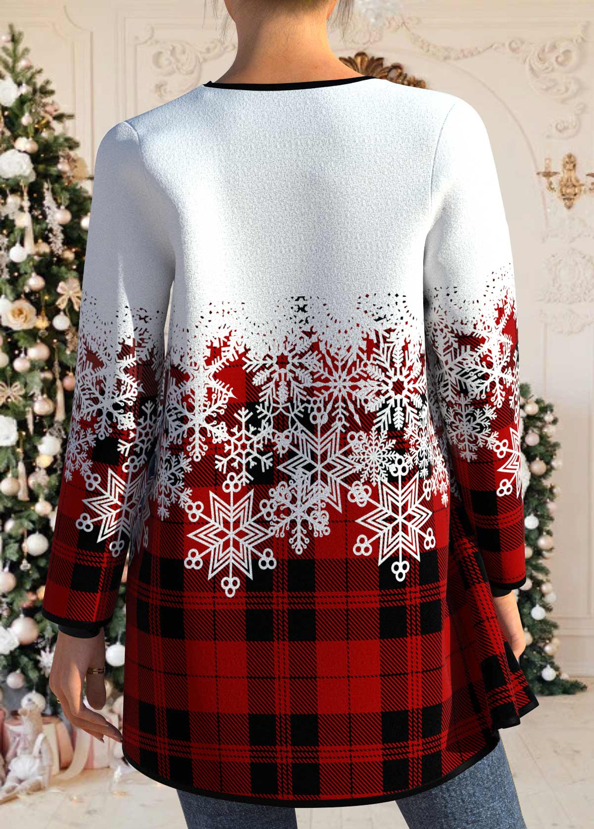 Red Button Snowflake Print Long Sleeve Coat