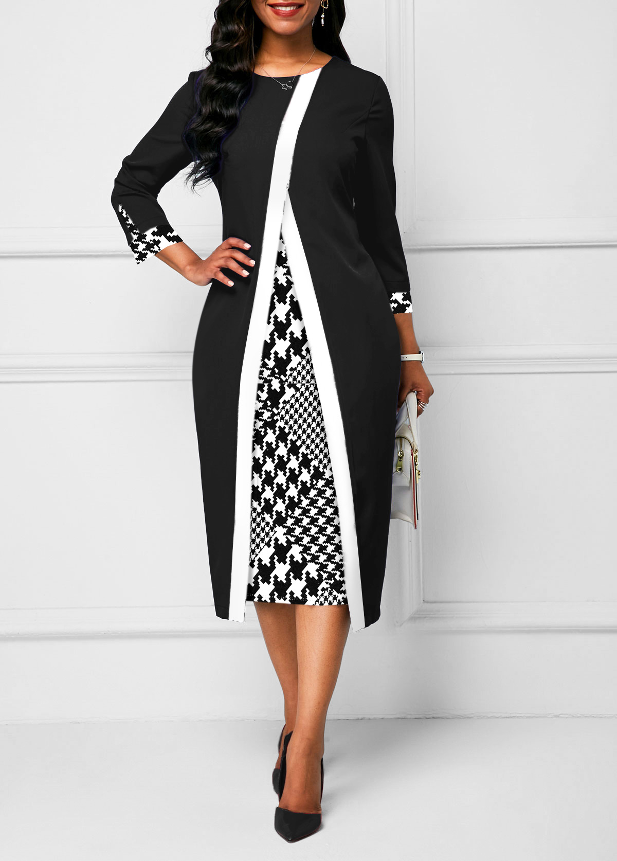 Black Houndstooth Print Faux Two Piece Dress