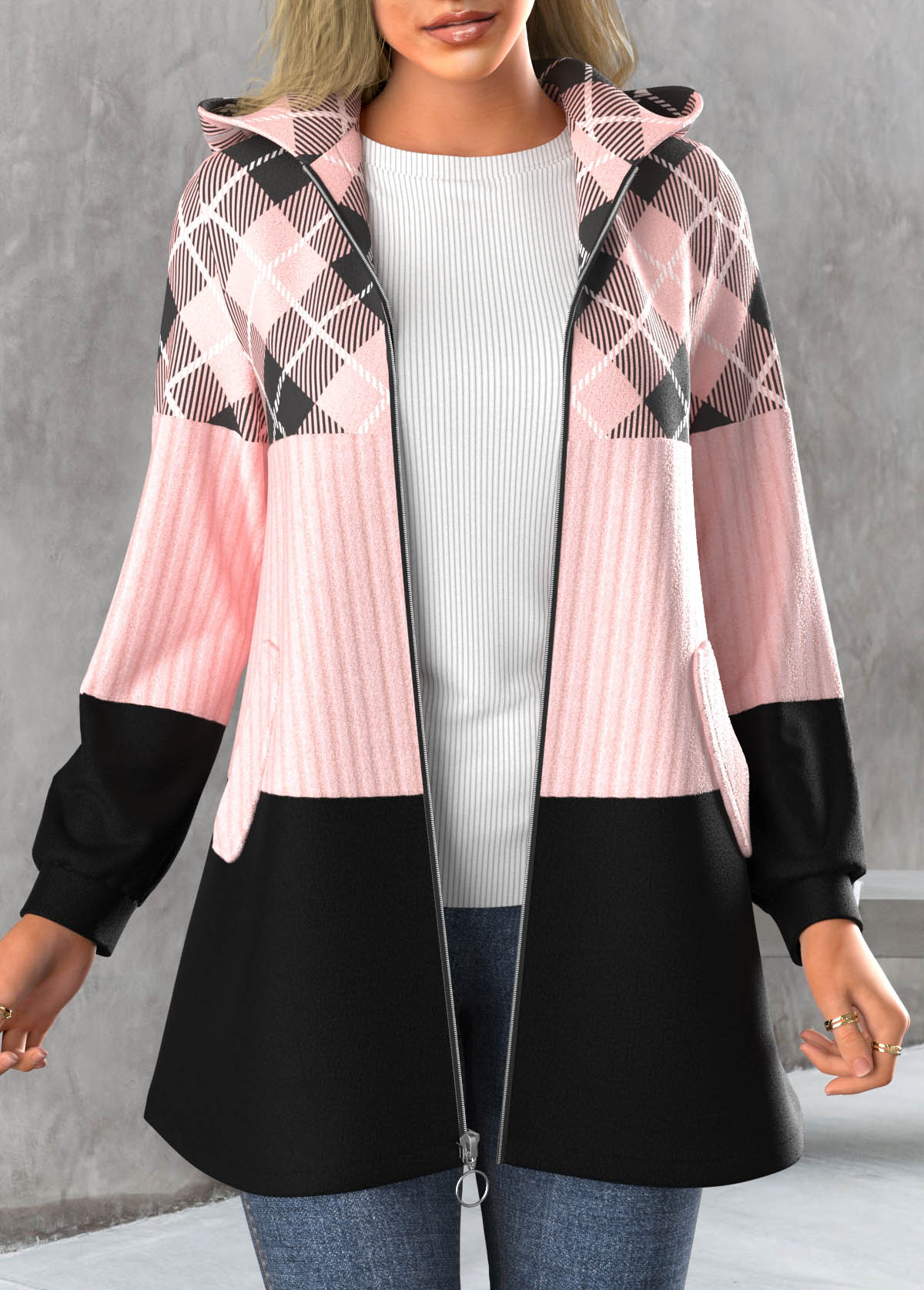 Light Pink Zipper Plaid Long Sleeve Hooded Jacket
