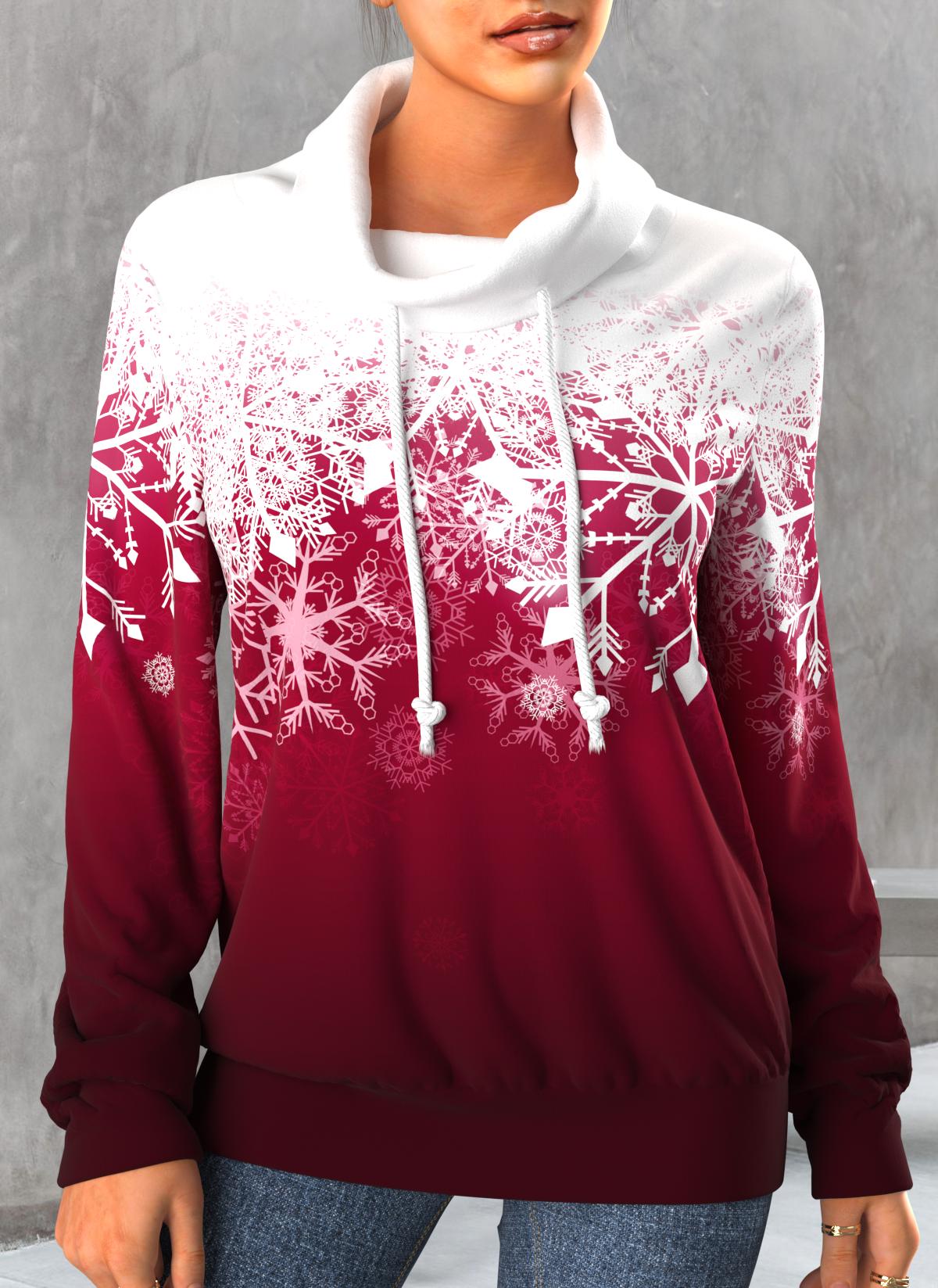 Plus Size Christmas Wine Red Drawstring Snowflake Print Sweatshirt