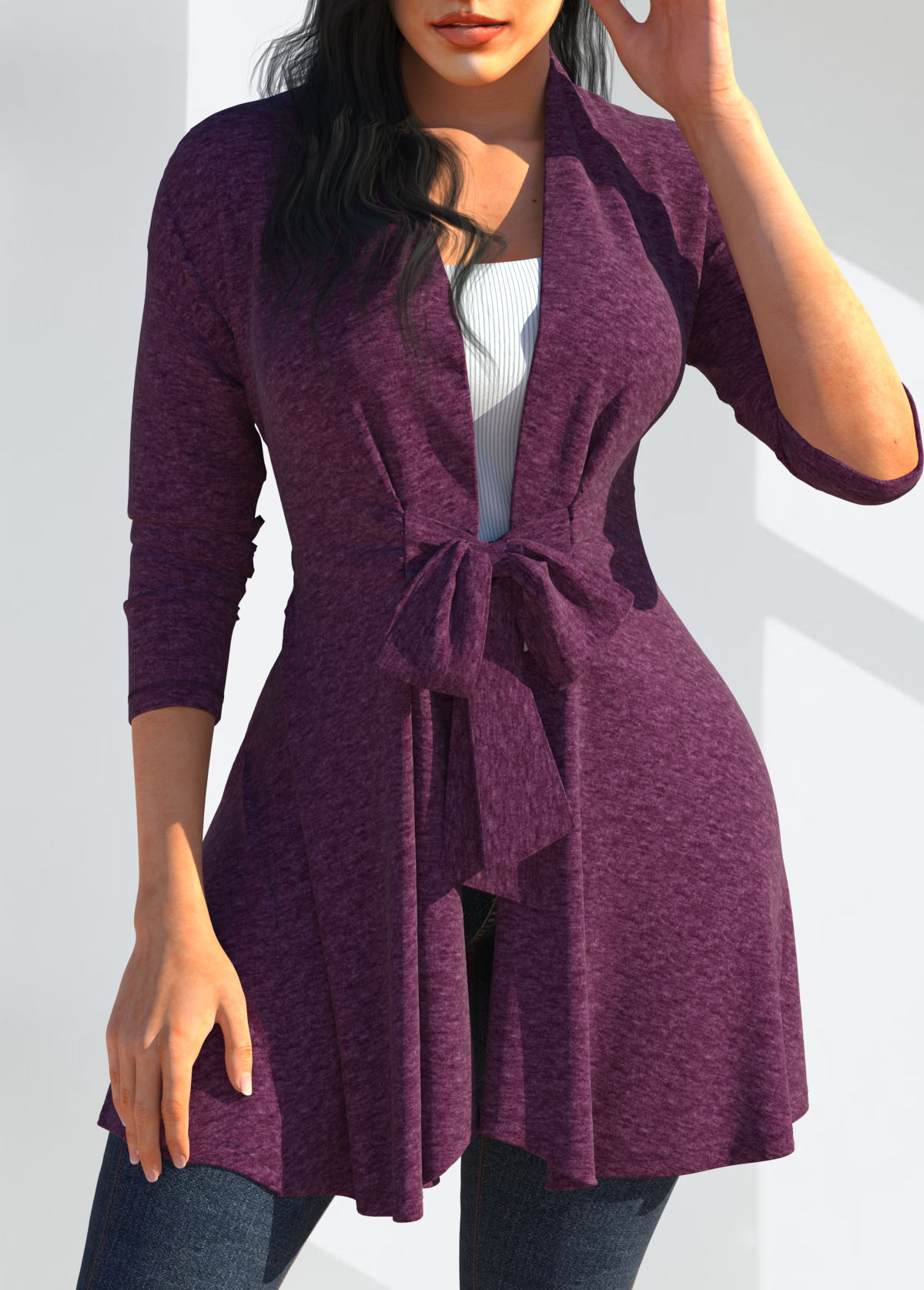 Dark Purple Bowknot Plus Size Long Sleeve Cardigan