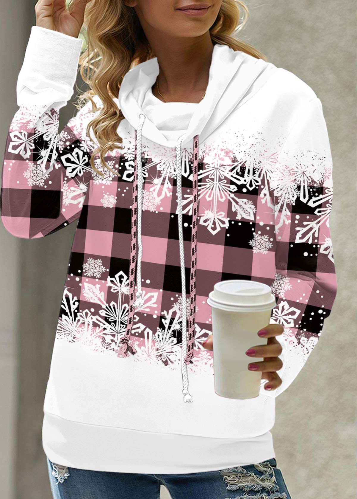 Plus Size Pink Drawstring Snowflake Print Long Sleeve Sweatshirt