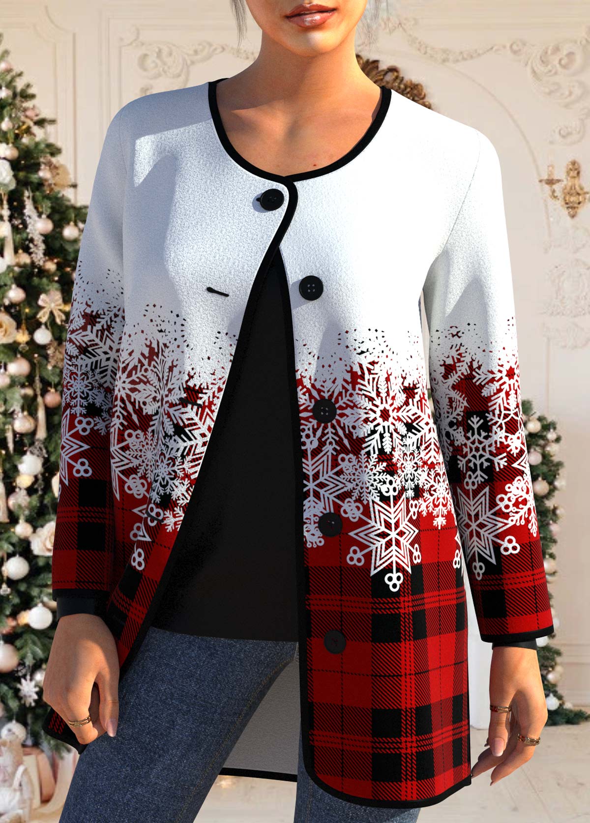 Plus Size Red Button Snowflake Print Long Sleeve Coat