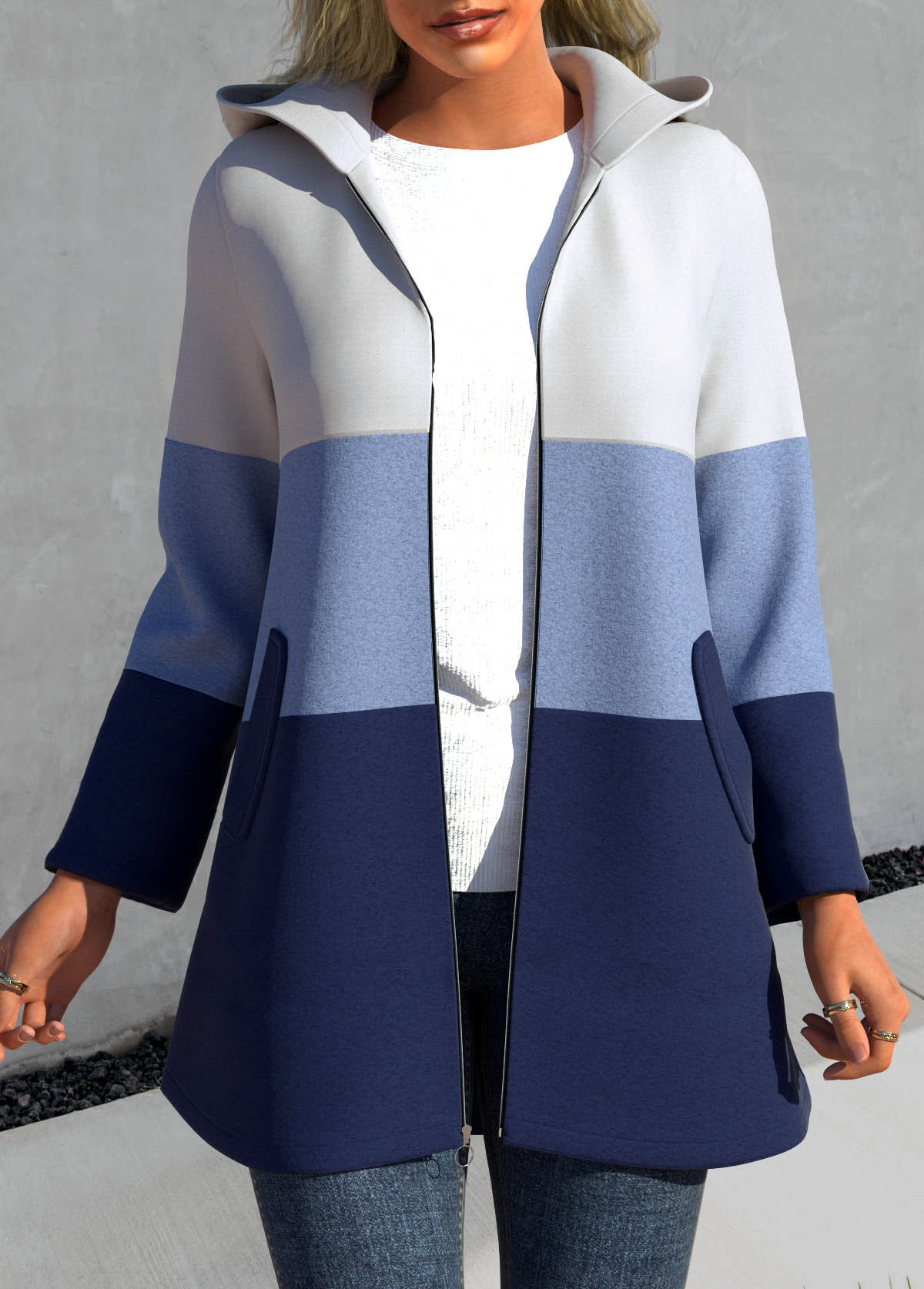 Blue Patchwork Long Sleeve Hooded Jacket