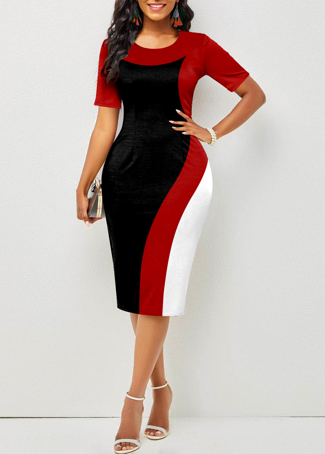 Red Geometric Print Short Sleeve Bodycon Dress